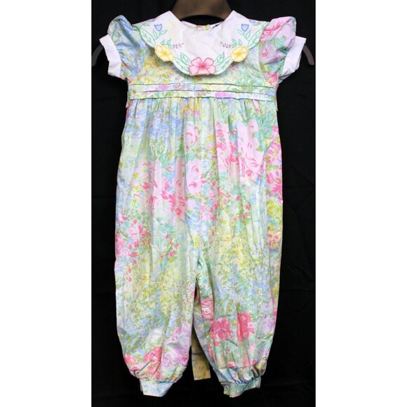 Vtg 90s Carriage Boutiques Bubble Jumper Romper Floral Collar 18-24 Spring Easte - Picture 1 of 9